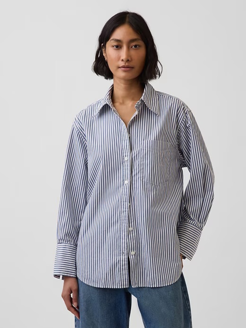 Ladies Blue and White Striped Button-Up Shirt